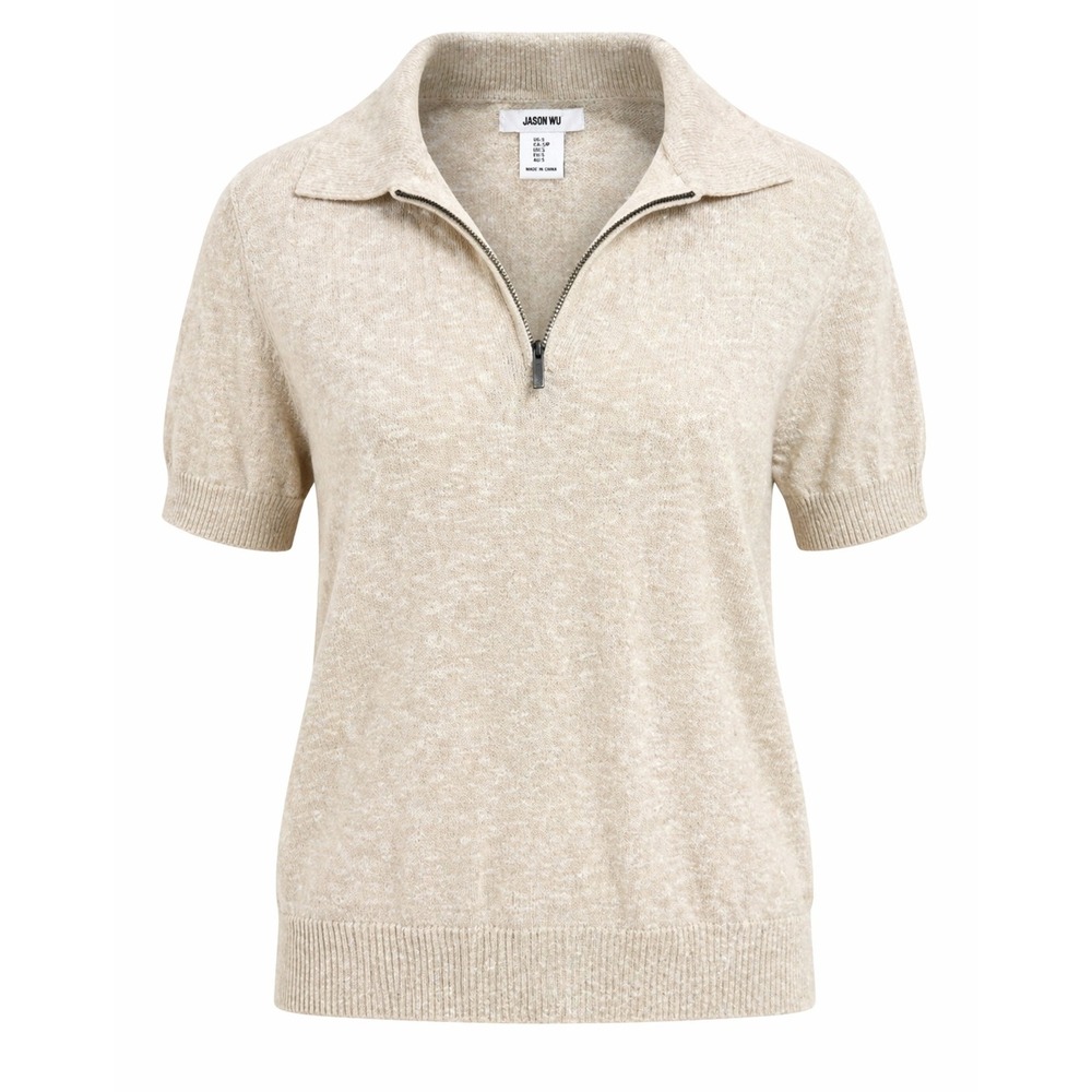 Jason Wu Knit Polo Shirt Womens Small Beige Linen Cotton Zip Minimalist
